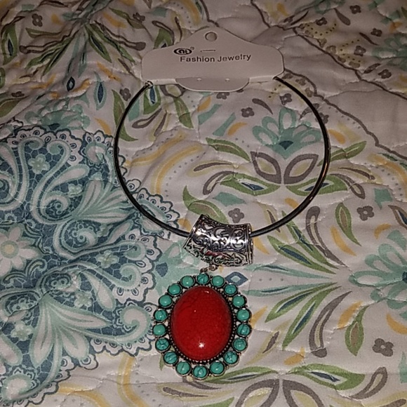 New silver necklace with turquoise and red accents - Picture 2 of 3